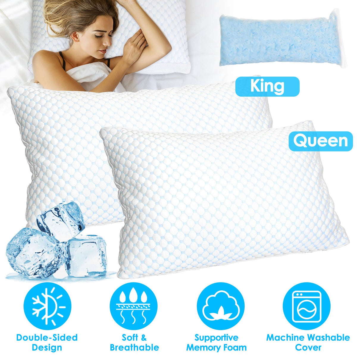 2 Pack Shredded Memory Foam Pillows Adjustable Cool Pillows with Extra Filling Machine Washable Cover for Side Back Stomach Sleepers