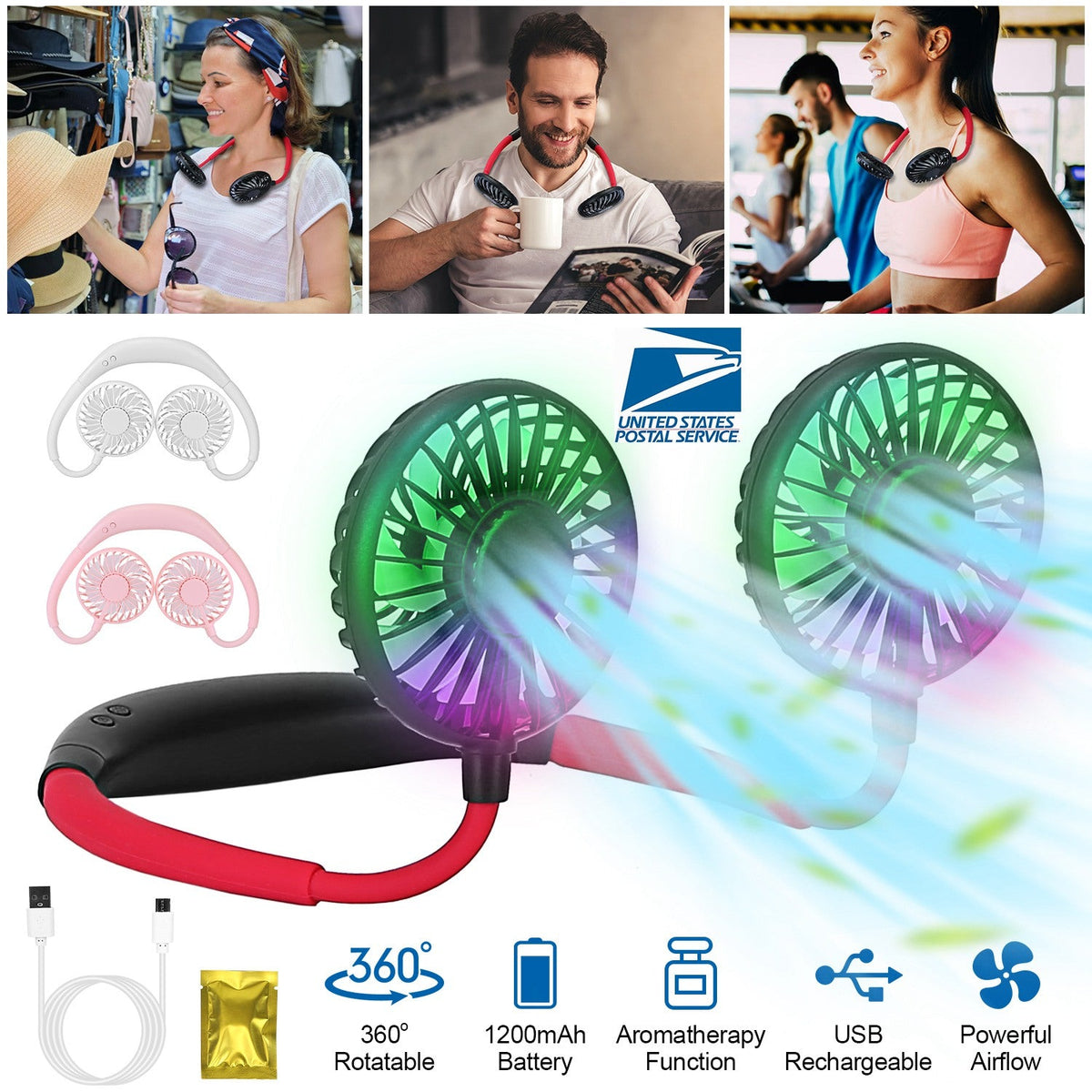 Neck Hanging Fan Hand Free Portable Aromatherapy USB Fans 360¡Rotatable Rechargeable Dual Cooling Fans w/Color Changing Led