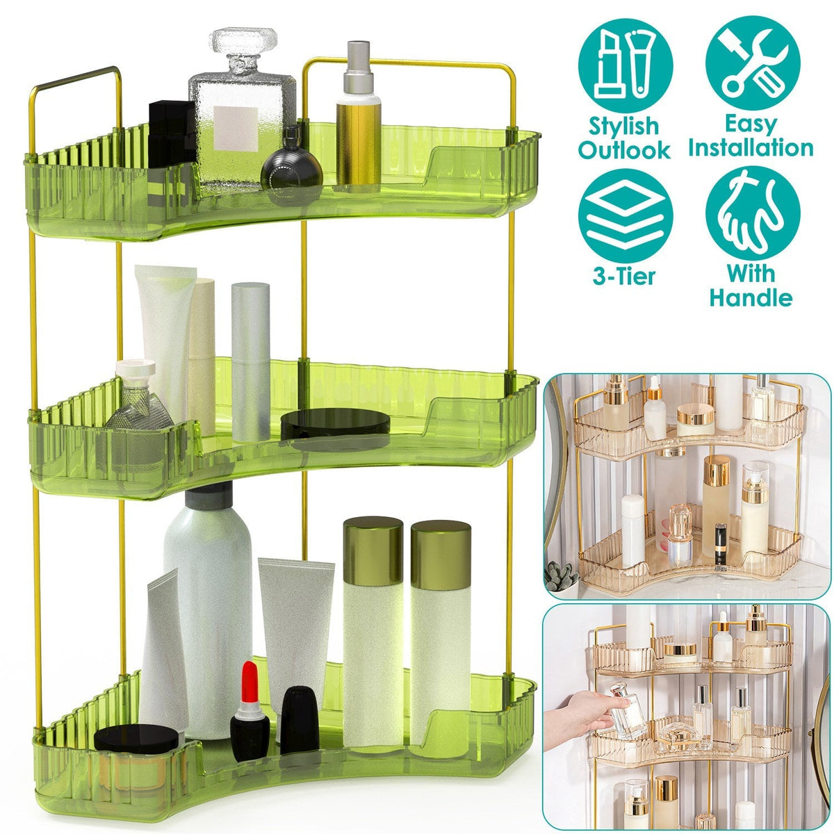 Bathroom Countertop Organizer 3 Tier Corner Makeup Storage Shelf Vanity Cosmetic Perfume Tray Clear Corner Rack for Bedroom Bathroom Kitchen