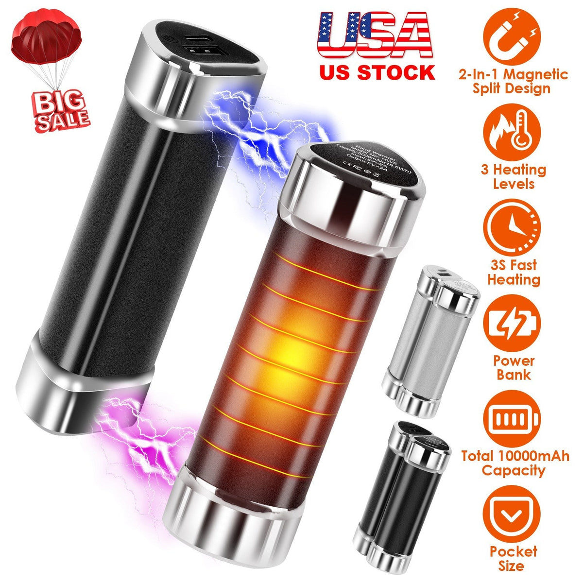 2 Packs 10000mAh Split-Magnetic Handwarmers 2 in 1 Portable Electric Pocket Heater Power Bank Portable Charger with 3 Heating Levels  for Camping Hunt