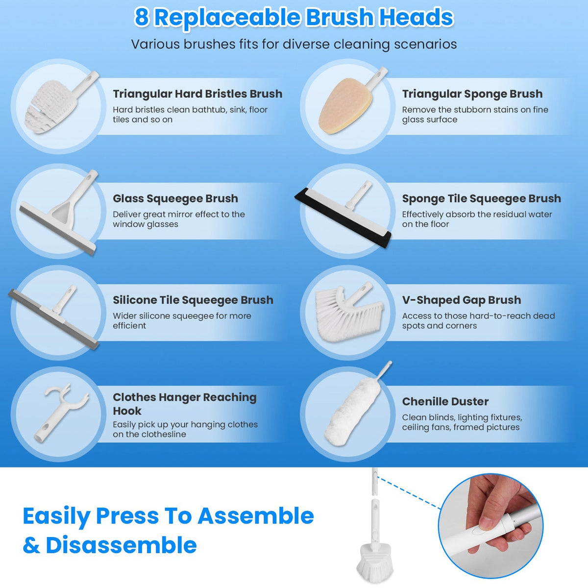 8 in 1 Tub And Tile Scrubber Cleaning Brush With 42.91in Long Handle Length Adjustable Rod Shower Cleaning Brush With Sponge Hard Bristles Gap Brush W