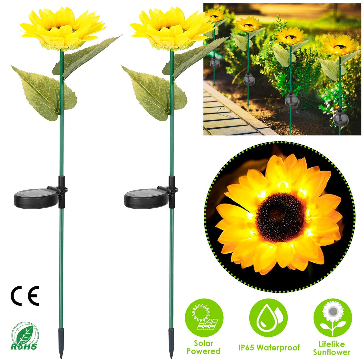 2Pcs Solar Powered Sunflower Lights 10 LED Decorative Stake Lamp IP65 Waterproof Pathway Landscape Lights For Garden Patio Yard Walkway