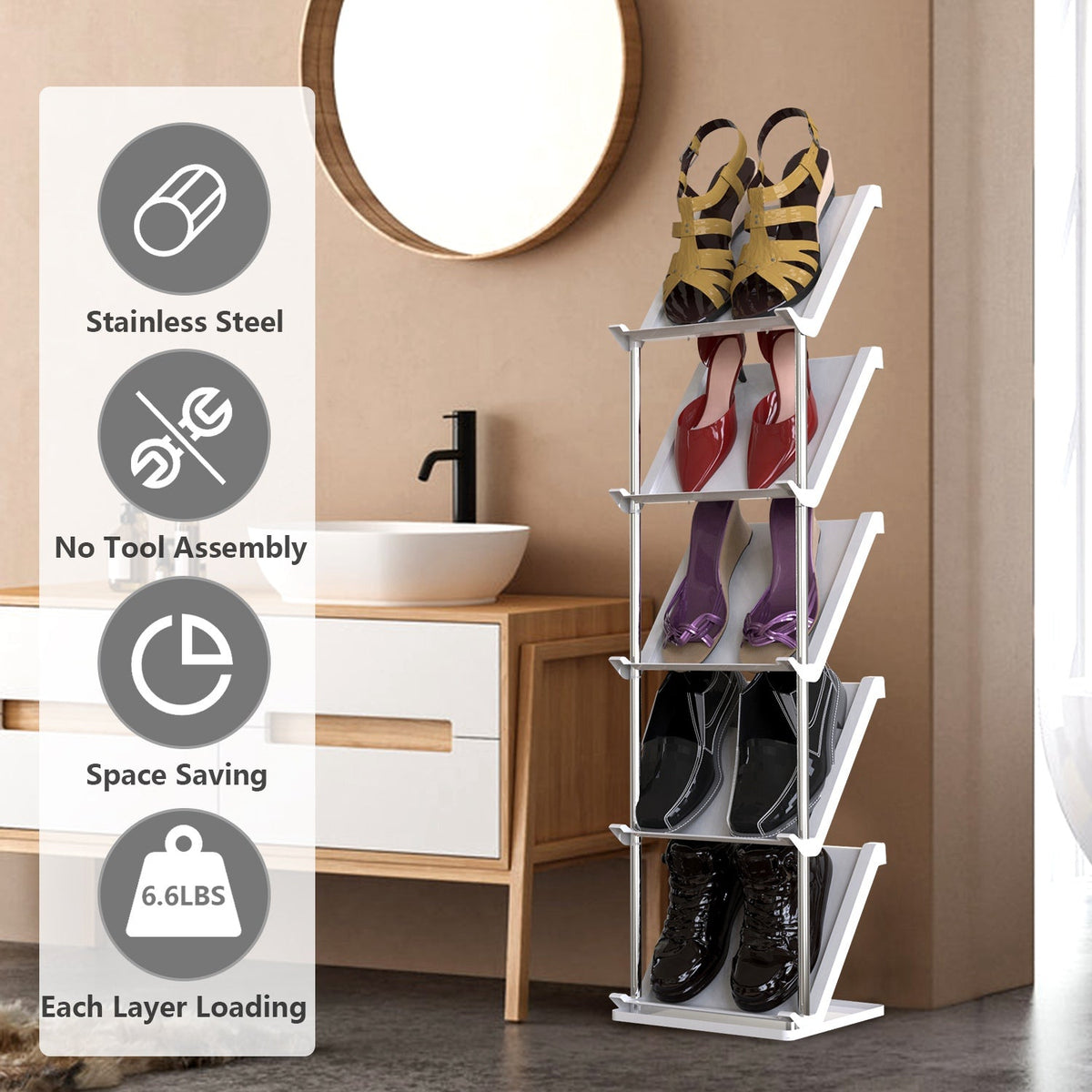 5 Tier Vertical Shoe Rack Narrow Free Standing Storage Organizer for Entryway Space-Saving Stackable Shoe Holder Corner Shoe Tower For Entryway Bedroo