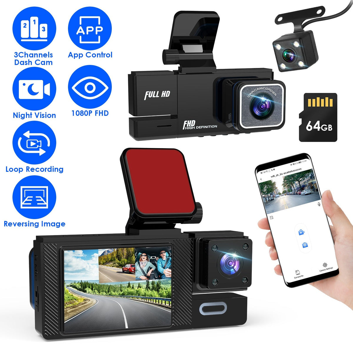 WiFi FHD 1080P Car Dash Cam 3 Channels Front Rear Inside Dash Camera with Loop Recording Reversing Image Night Vision 170¡ Wide Angle Support 64G MMC