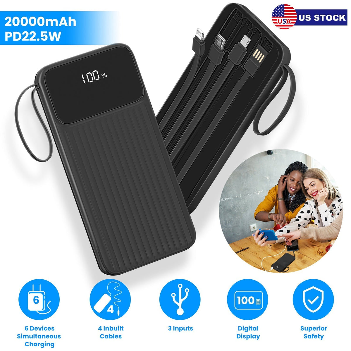 PD22.5W Fast Charger 20000mAh Fast Charging Power Bank Portable Charger with 4 Inbuilt Cables Digital Display Handle Fit For IOSPhone 15/14 Android An