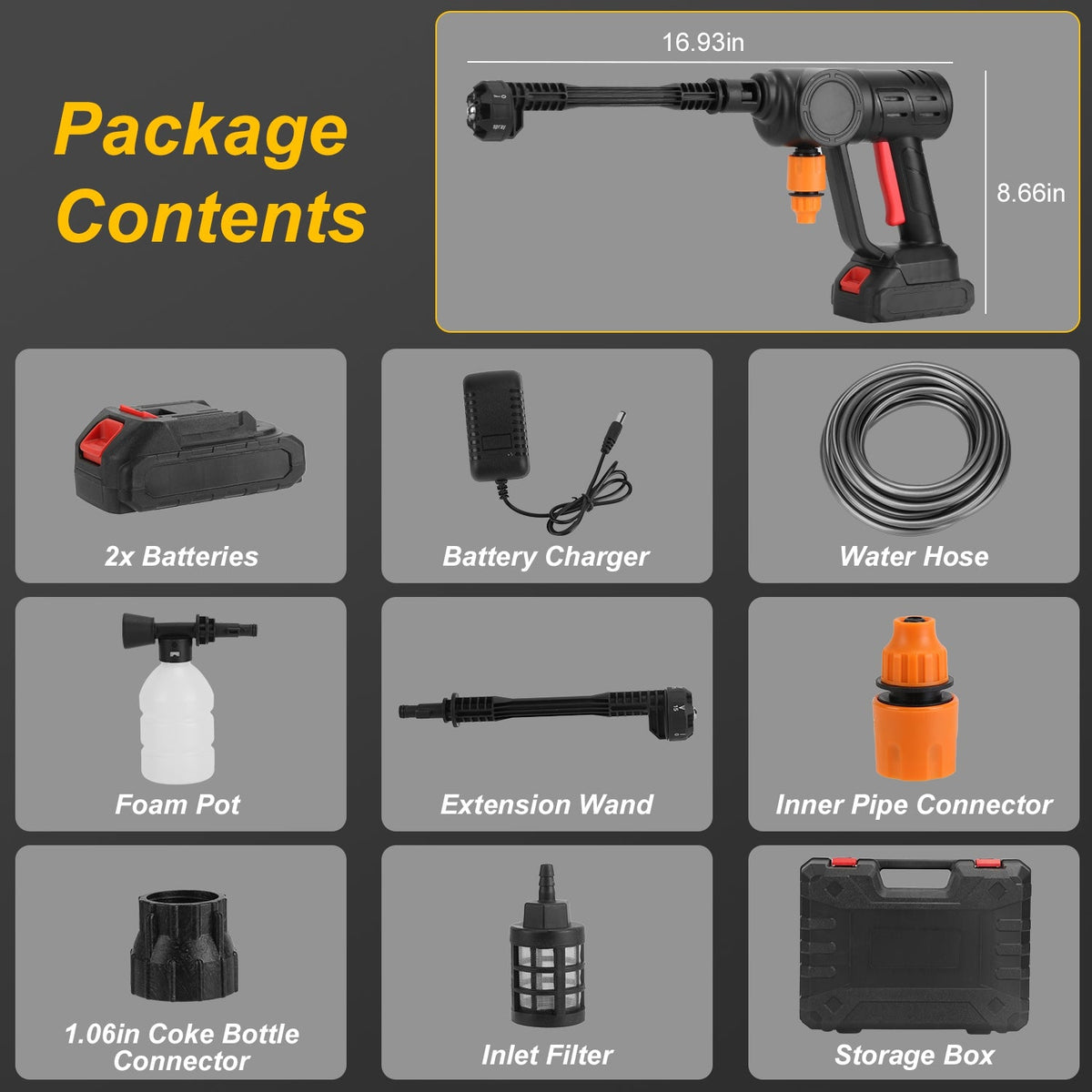 Cordless Pressure Washer With 6 In 1 Nozzle Portable Electric Power Washer High Pressure Water Sprayer 1000PSI Car Washer Cleaner with 12000mAh 21V Re