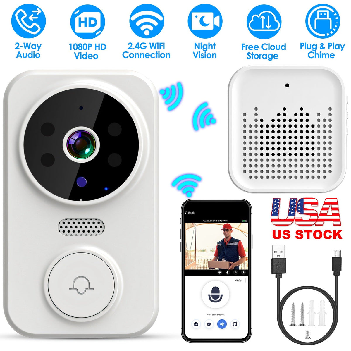 WiFi Security Doorbell Camera with Volume Adjustable Wireless Chime 1080P Camera Night Vision 2-Way Audio Free Cloud Storage