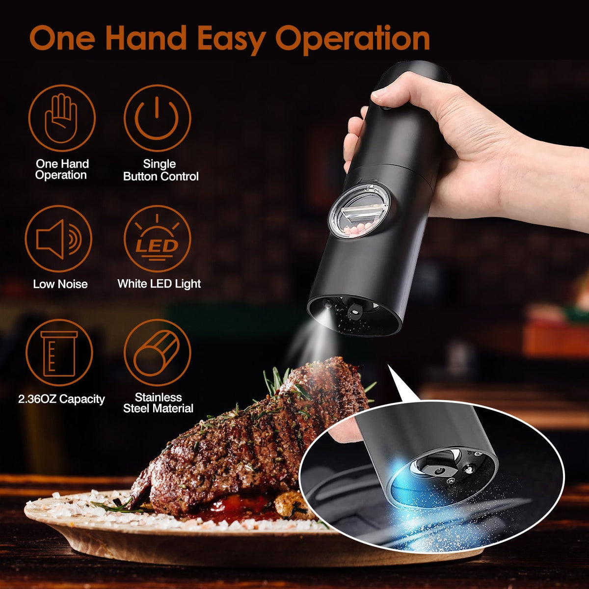 Electric Salt and Pepper Grinder Rechargeable Charging Base Automatic Salt Mill LED Indicator Adjustable Coarseness One Hand Easy Operation