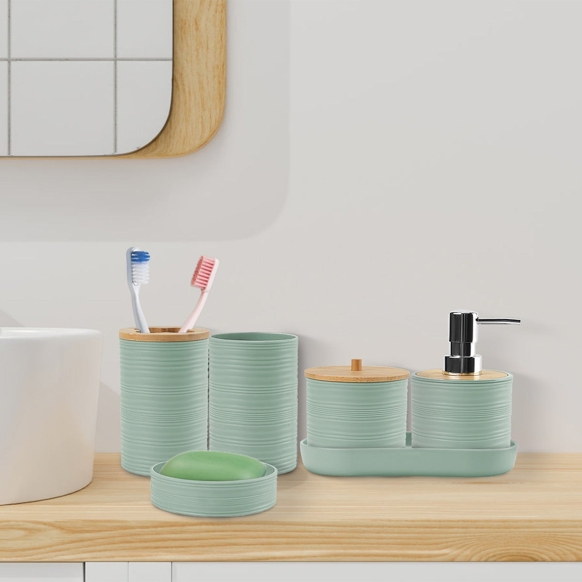 8Pcs Bathroom Accessories Set Bathroom Holder Set with Soap Dispenser Toothbrush Holder Cup Soap Dish Toilet Cleaning Brush Trash Can Qtip Holder Vani