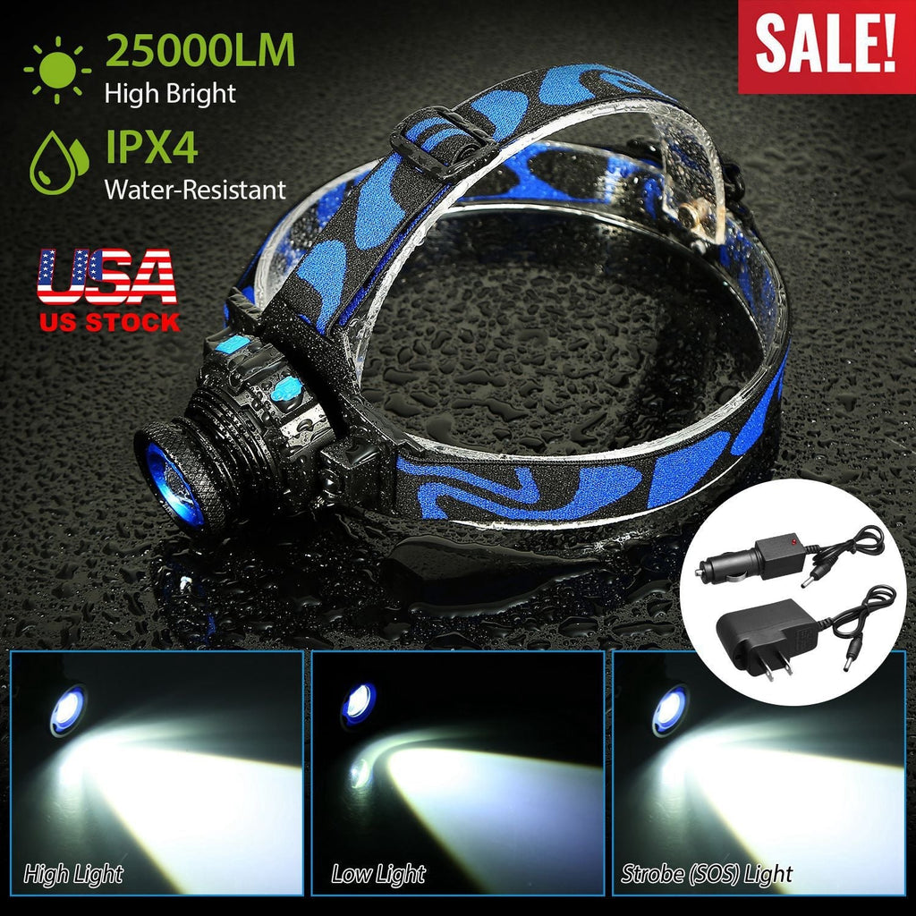 25000 LM Headlamp LED Tactical Headlight Zoomable Flashlight Torch w/Charges Camping
