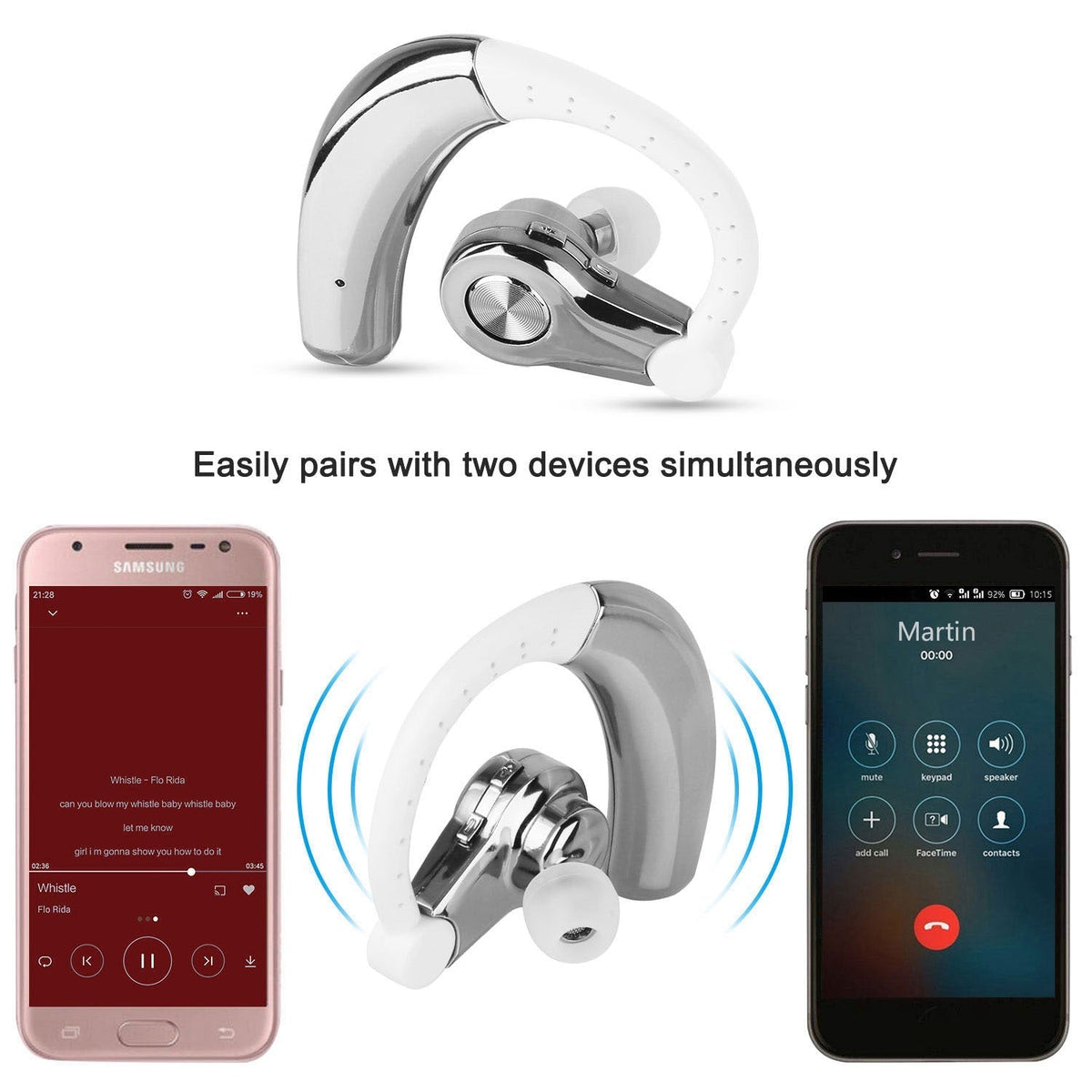 Wireless Earpiece Right In-Ear Wireless Earphone w/ Mic Earhook For Business Office Driving 120Hrs Playtime