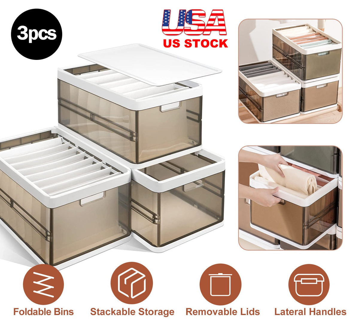 3 Pack Foldable Storage Bin with Lid Stackable Plastic Closet Organizer with Handle Divider Collapsible Drawer Organizer for Toys Clothes