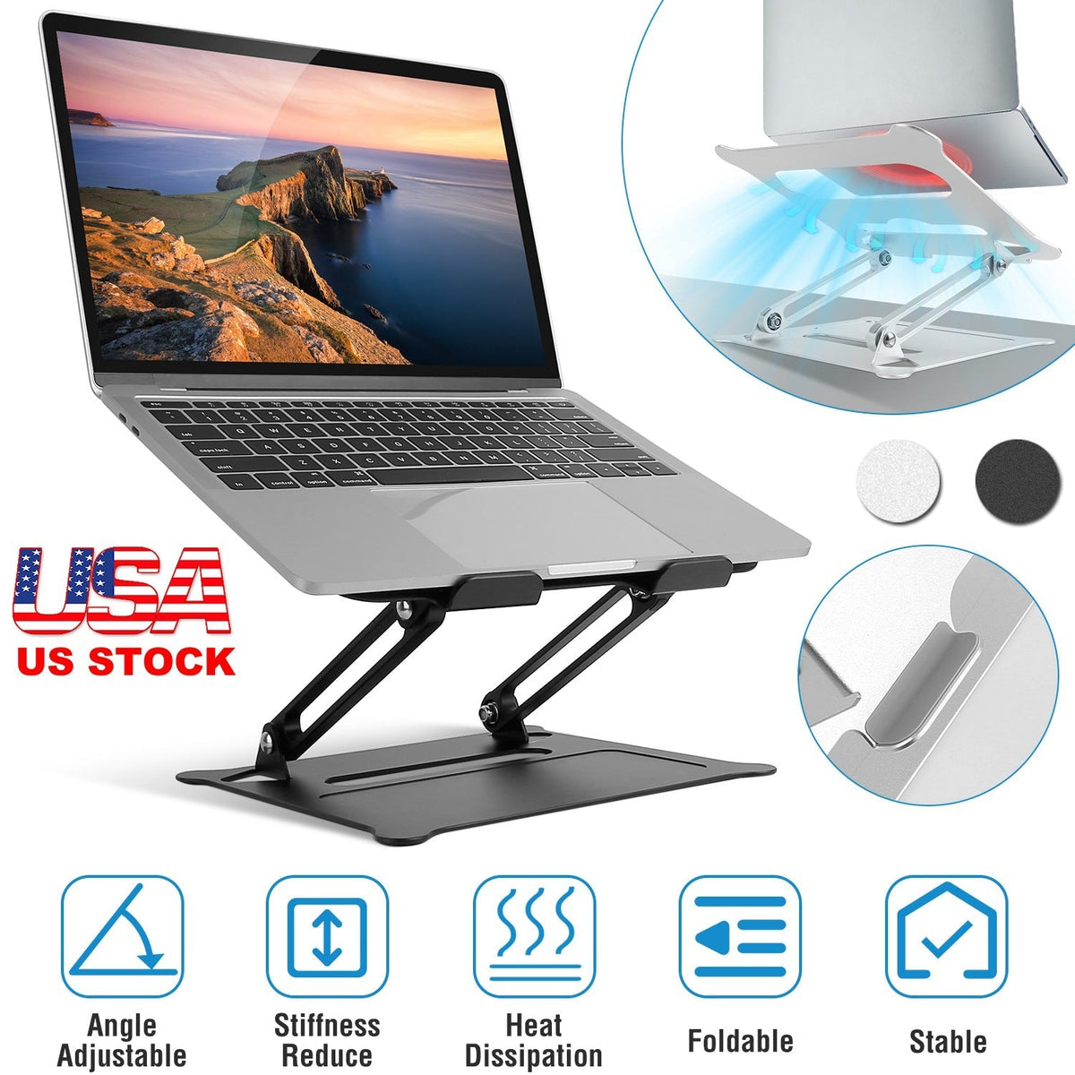 Laptop Stand Aluminum Angle Adjustable Ergonomic Computer Holder Riser Heat Vent Notebook Elevator For 10in-17in MacBook Pro 13 / 15