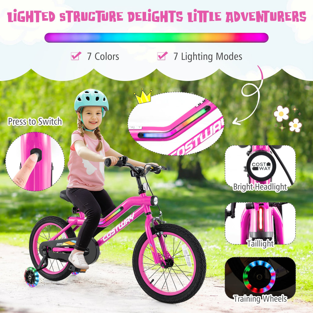 16 Inch LED Lighted Kids Bike with Training Wheels and Headlight for Ages 4-7 Years-16 inches