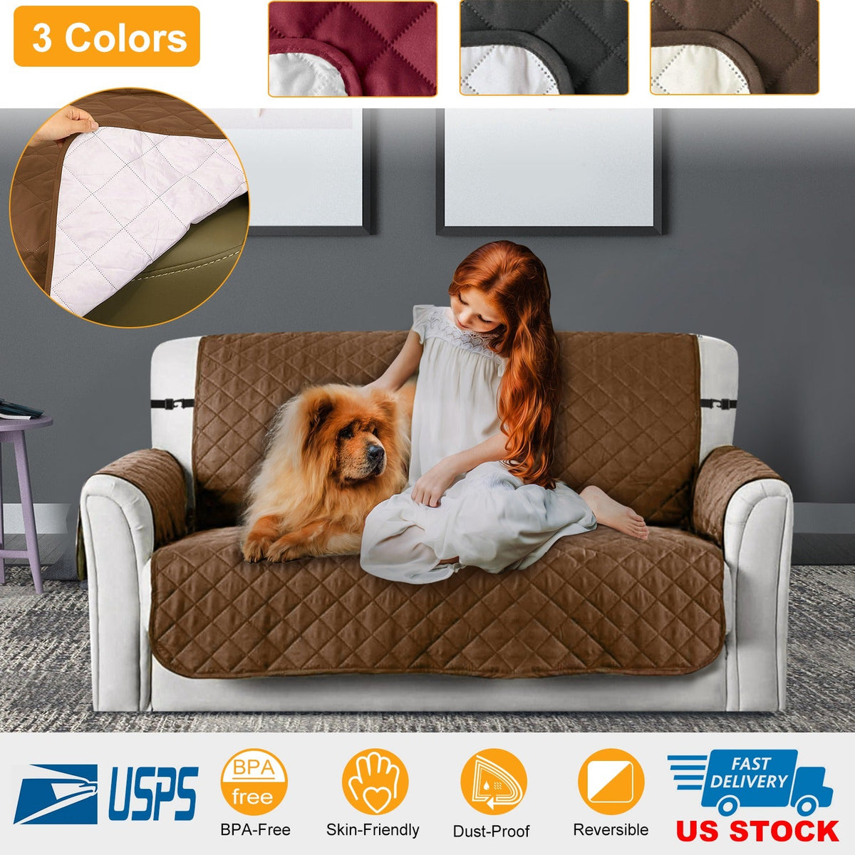 Reversible Sofa Cover Chair Loveseat Couch Slipcover Microfiber Cushion Furniture Protector Shield Water-Resistant w/ Elastic Strap for Kids Pet Dog C