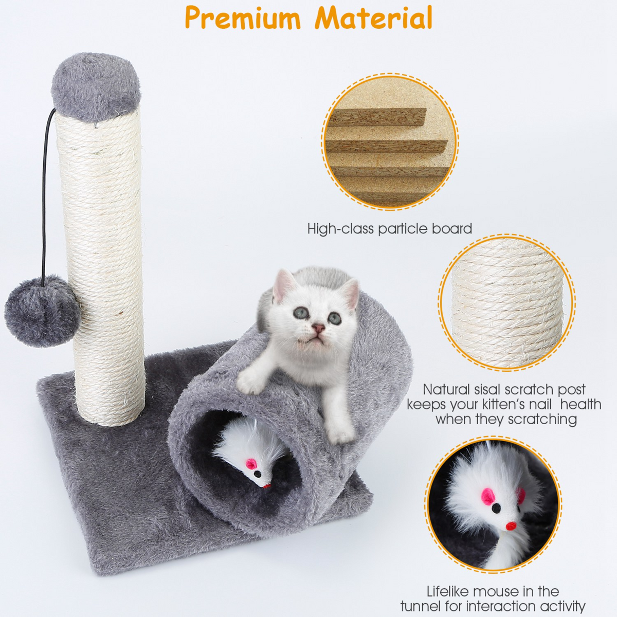 Cat Scratching Post Cat Kitten Sisal Scratch Post Toy w/ Tunnel & Lifelike Mouse Toy Pet Activity Play Fun