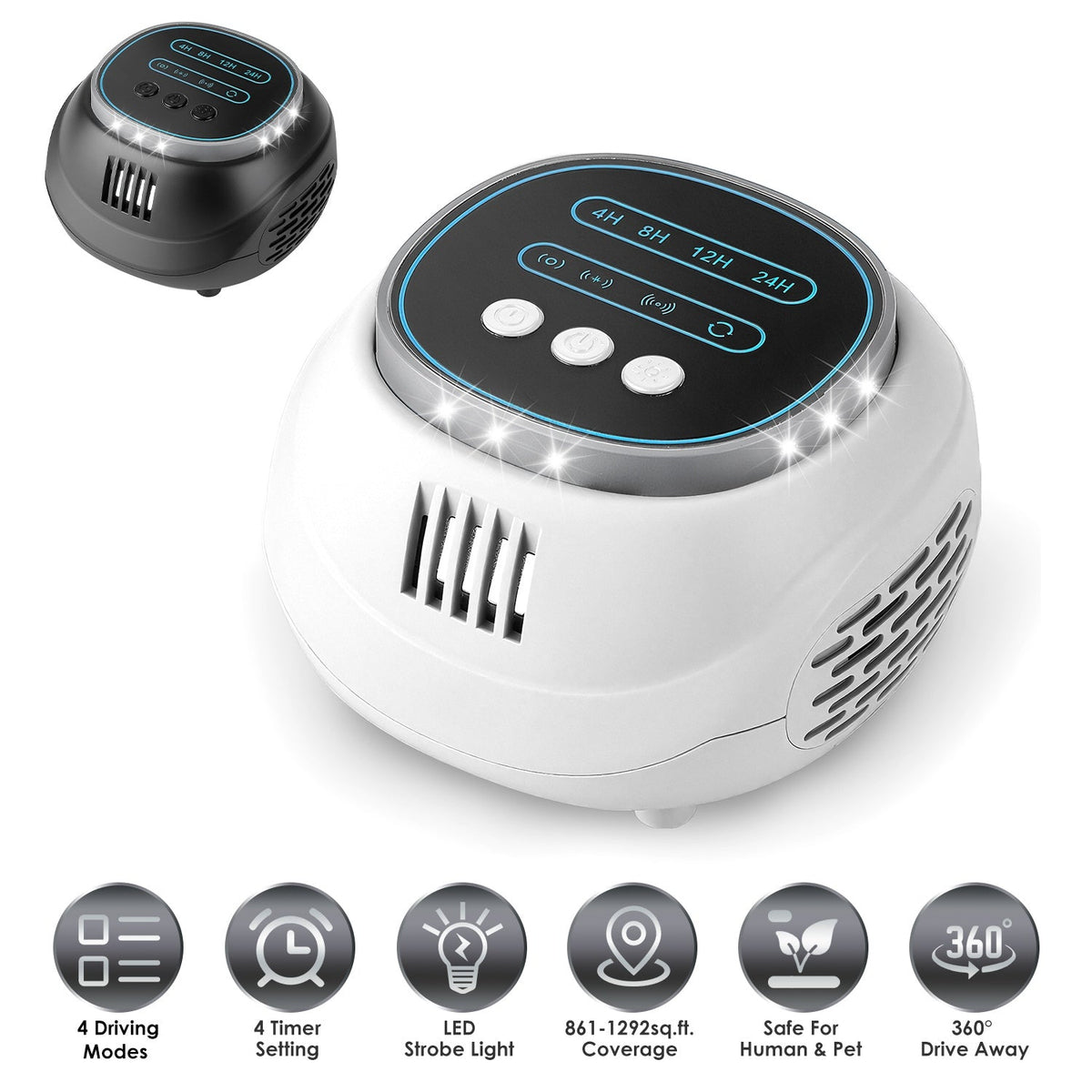 Ultrasonic Rodent Chaser Rat Repellent Pest Driver Mouse Control Squirrel Repeller with 4 Modes 4-65KHz Strobe Light 4 Timer 1292sq.ft. Coverage for R