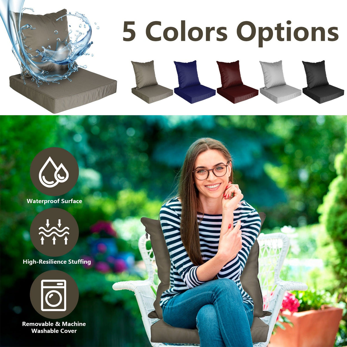 Outdoor Seat Cushion Set Waterproof Patio Furniture Cushion and Back Pillow Fade Resistant Deep SeatÊSet Chair Pad with Removable Cover for Chair Sofa