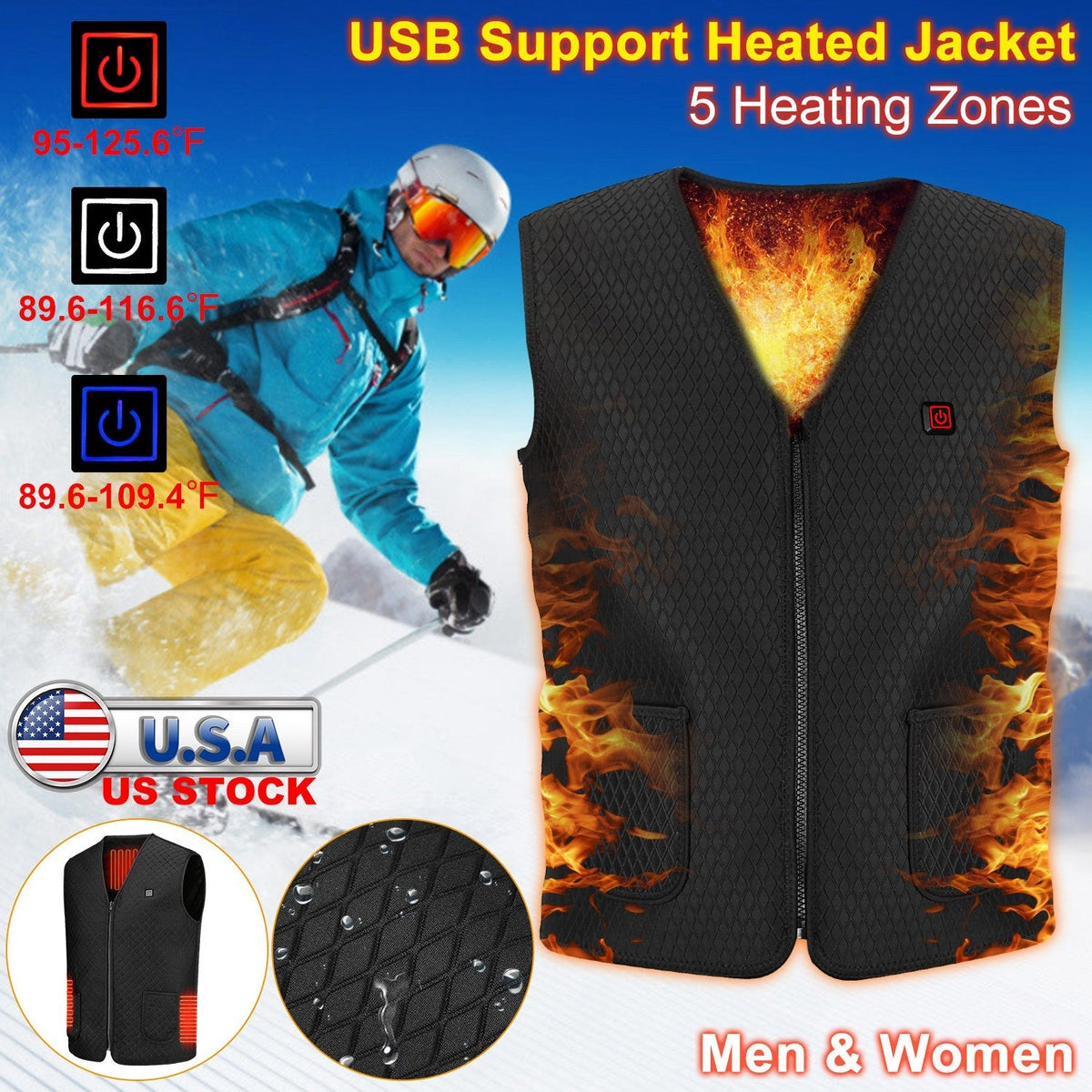Heat Jacket Vest 3 Heating Gear Adjustable USB Heated Vest Warm Heat Coat Vest w/ 5 Heating Zones For Men Women Winter Outdoor Activity