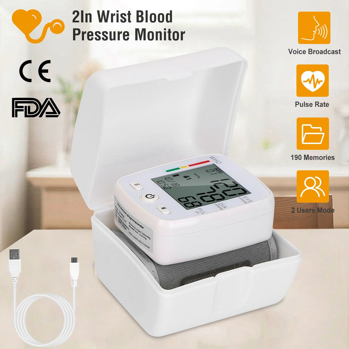 Blood Pressure Monitor Wrist Digital High Blood Pressure Cuff Heartbeat Tester w/ 90x2 Reading Memory 2In LCD Screen Storage Box