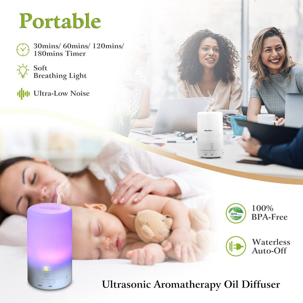 Mini Cool Mist Humidifier Ultrasonic Aroma Essential Oil Diffuser w/7 Color LED Lights 4 Timer Settings for Office Home Room Vehicle Study Yoga Spa