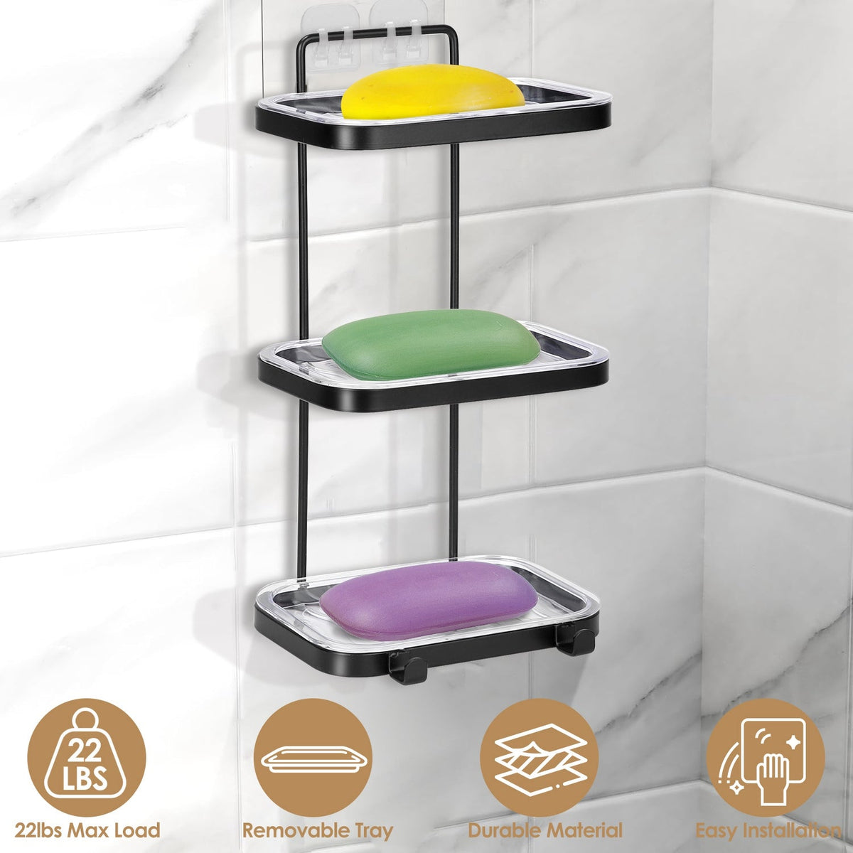 Soap Dish Soap Bar Holder Square Soap Rack Wall Mounted S Bar Shower Bathroom Self with 2 Hooks Clear Trays