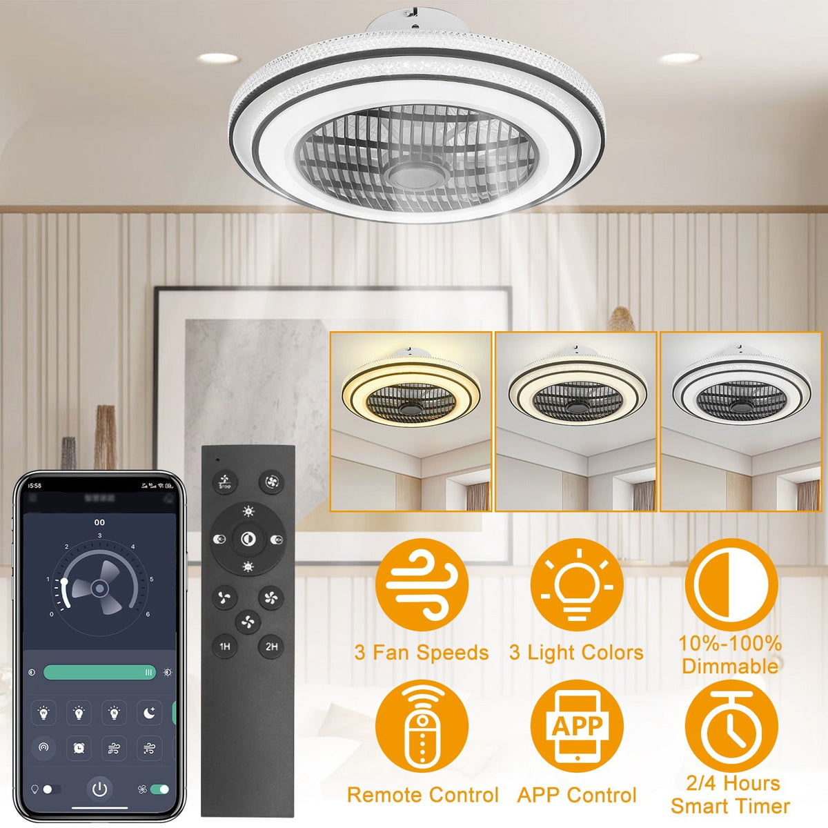 20.5in Ceiling Fan with Light RoundÊPendant Fan Lamp 30W LED Ceiling Fan with 3-Fan Speed Remote Control Timer APP Control