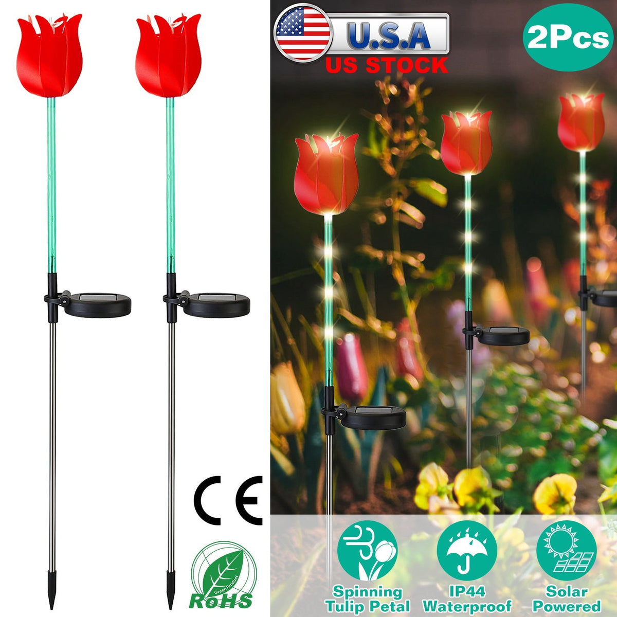 2Pcs Solar Powered Tulip Garden Light Wind Mill Waterproof Landscape Stake Lamp Decorative Lawn Lights For Yard Driveway Walkway Patio