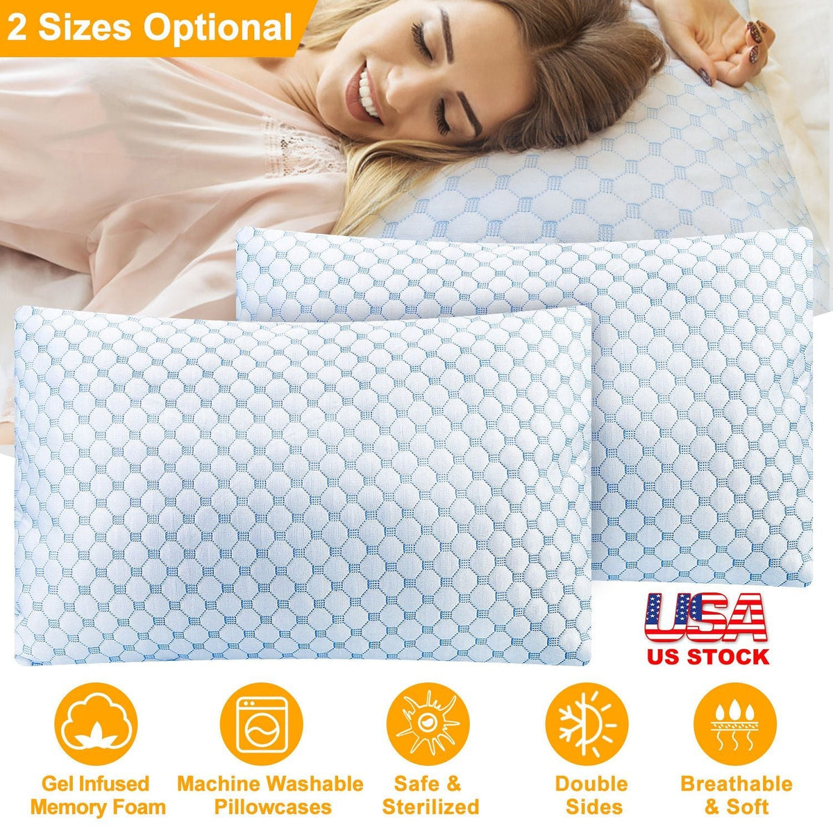 Cooling Memory Foam Pillow Ventilated Soft Bed Pillow w/ Cooling Gel Infused Memory Foam Heat Moisture Reducing Cooling Fiber Breathable Machine Washa