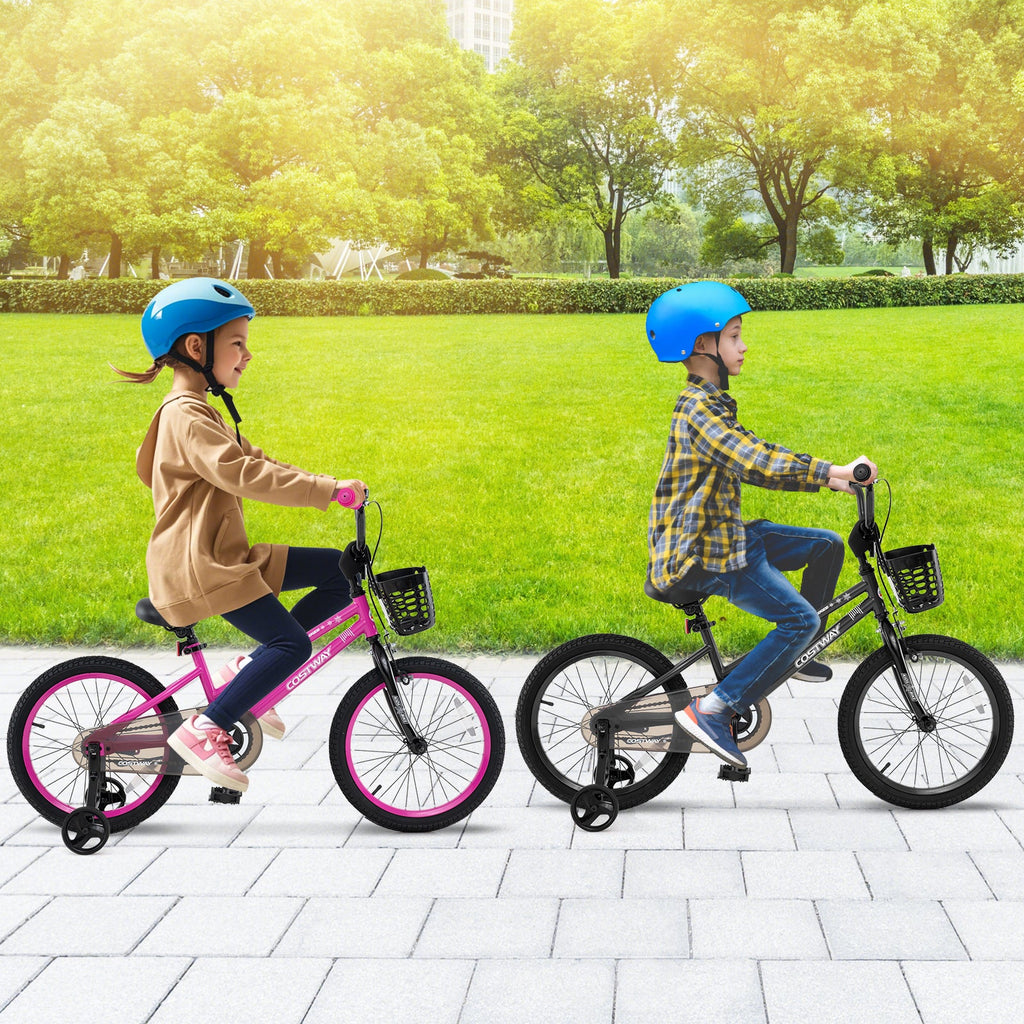 18 Inch Kids Bike with Basket and Training Wheels for Children Aged 4-8 Years Old