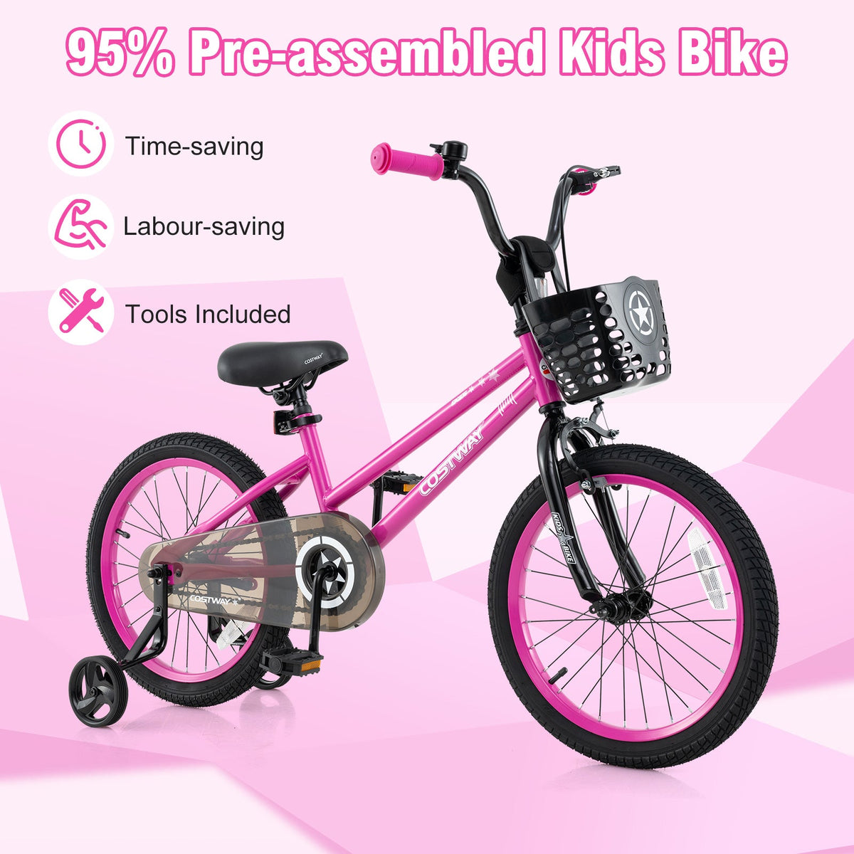 18 Inch Kids Bike Adjustable Bicycle with Front Basket for Children Aged 4-8 Years Old