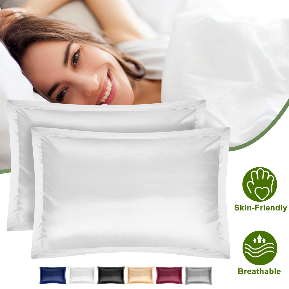 2 Pack Soft Silky Satin Pillow Case Hypoallergenic Breathable Bed Pillow Cover Queen Size Pillowcase Great for Hair Skin