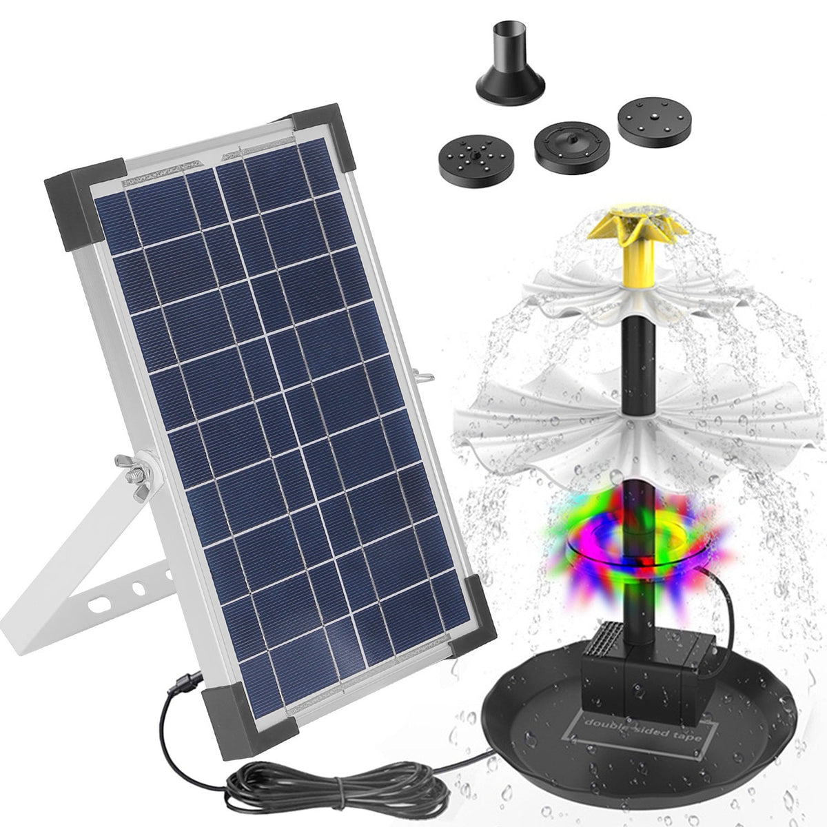3-Tier Solar Bird Bath Fountain Solar Powered Water Pump Waterfall Feature with Colorful Light 3 Nozzles 6W Solar Panel for Bird Bath Patio Yard Pond