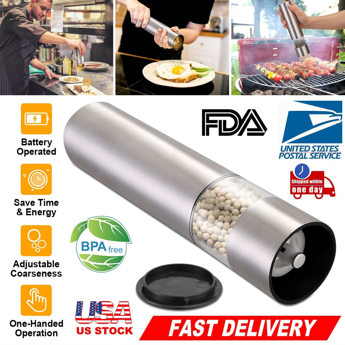 Electric Salt Pepper Grinder with Light Adjustable Coarseness Stainless Steel Salt Pepper Shaker Battery Operated Pepper Grinder Mill Easy Refill and