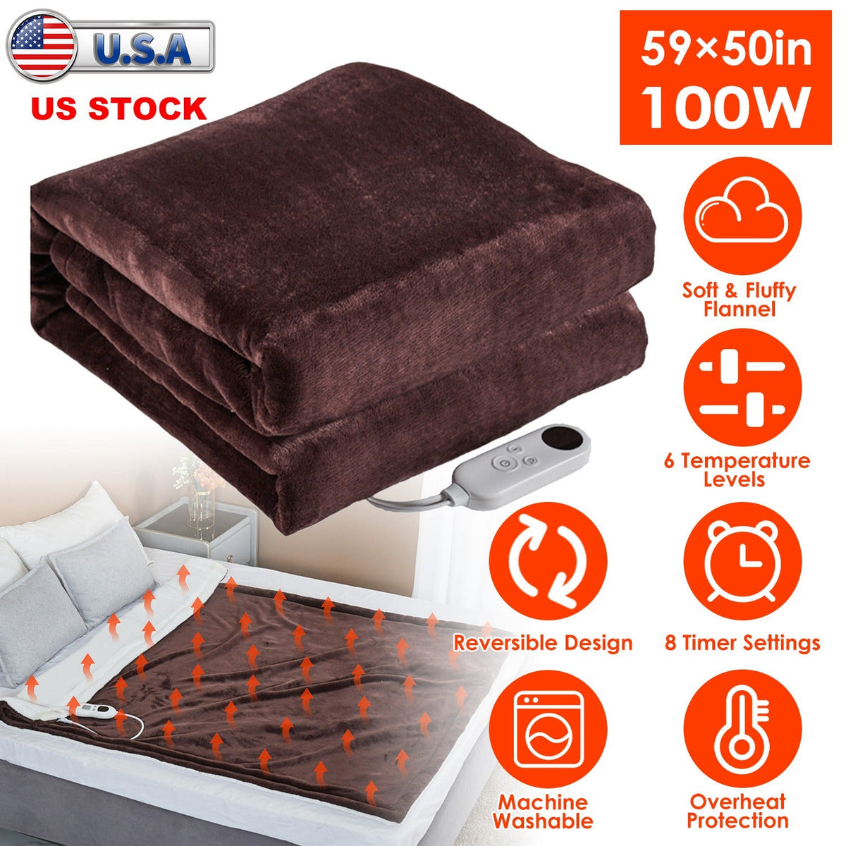 Electric Heated Flannel Throw Heated Blanket with 6 Heat Settings 1-8 Hours Auto off Washable for Home Office Usage 59x50in