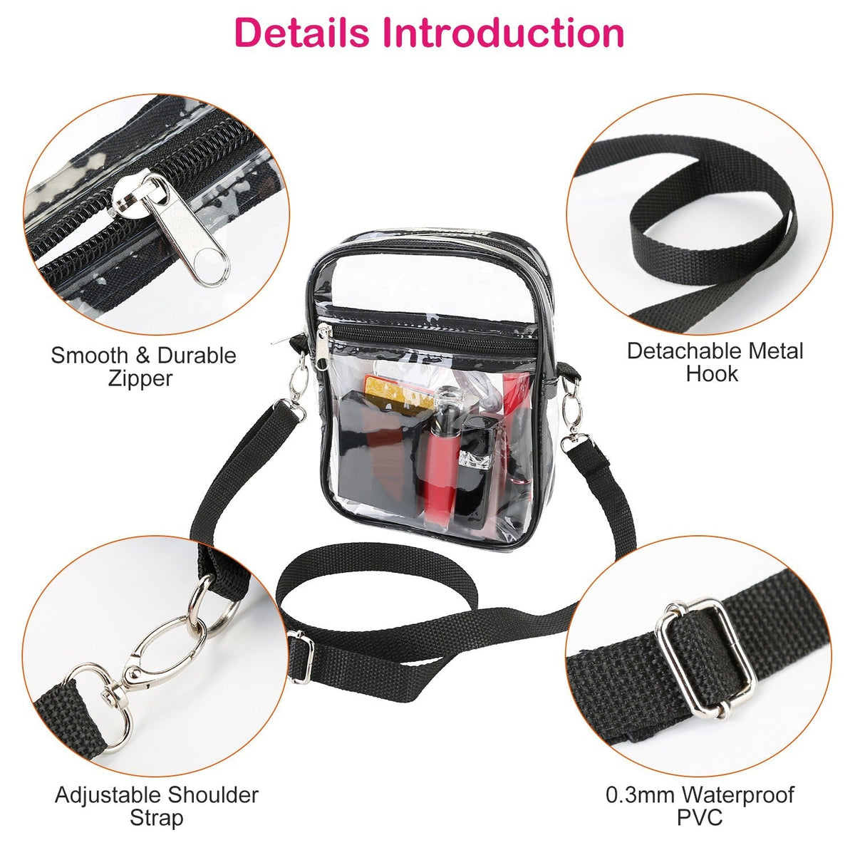 Clear Crossbody Bag Stadium Approved Clear Purse Transparent Small Shoulder Bag See Through Zip Pouch Tote Bag Handbag 44OZ w/ Adjustable Strap