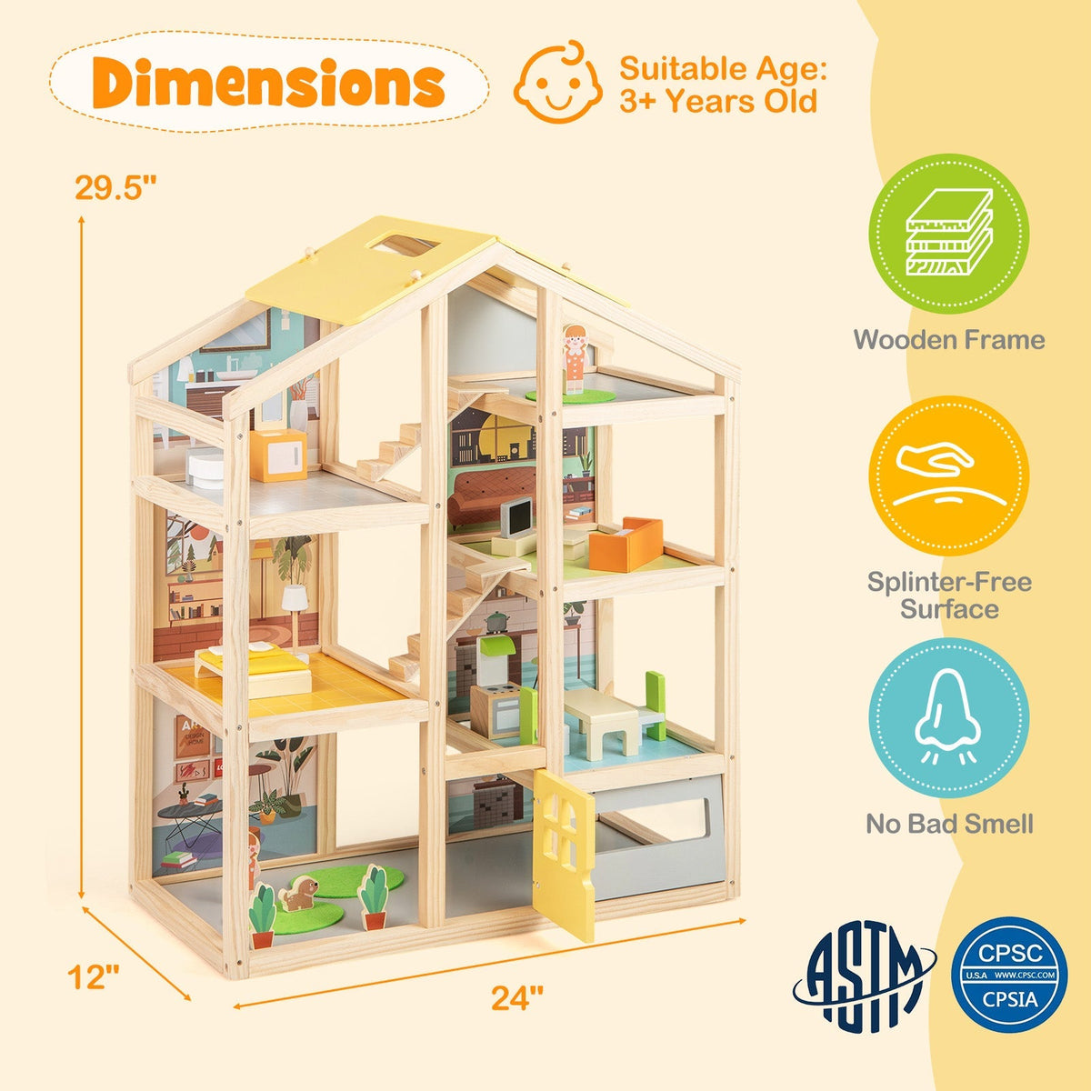 Wooden Dollhouse for Kids Modern Family Pretend Playhouse with Furniture Pieces and Figures-Natural