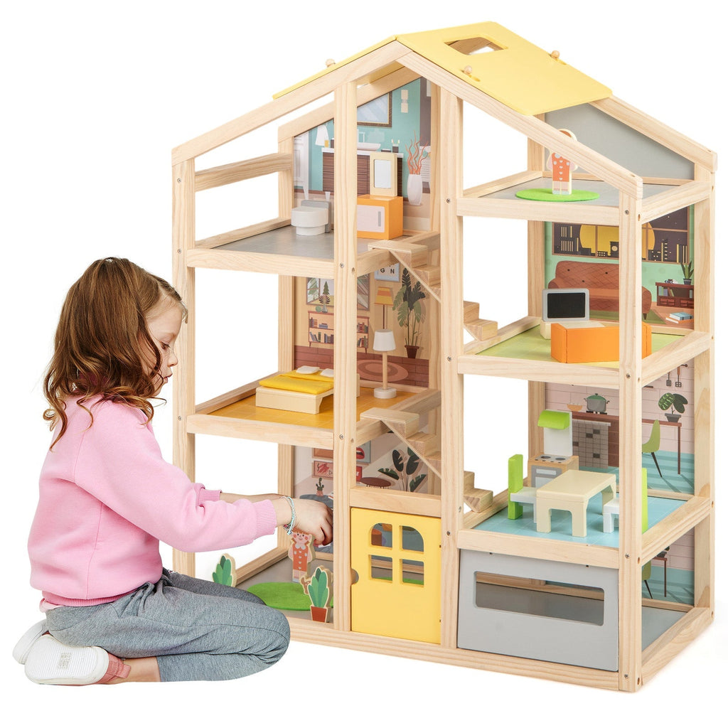 Wooden Dollhouse for Kids Modern Family Pretend Playhouse with Furniture Pieces and Figures-Natural