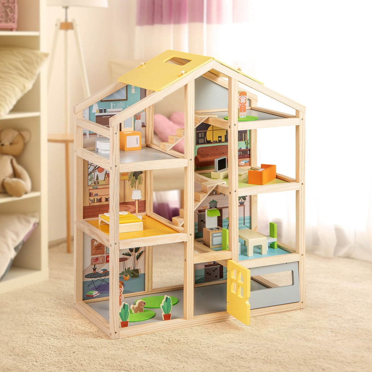 Wooden Dollhouse for Kids Modern Family Pretend Playhouse with Furniture Pieces and Figures-Natural