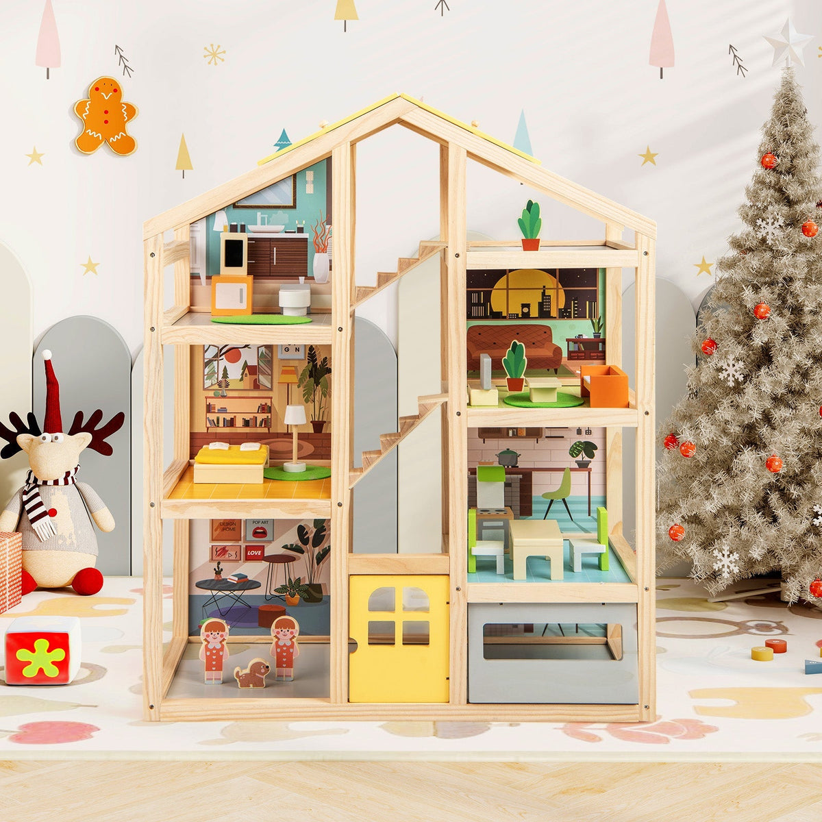 Wooden Dollhouse for Kids Modern Family Pretend Playhouse with Furniture Pieces and Figures-Natural