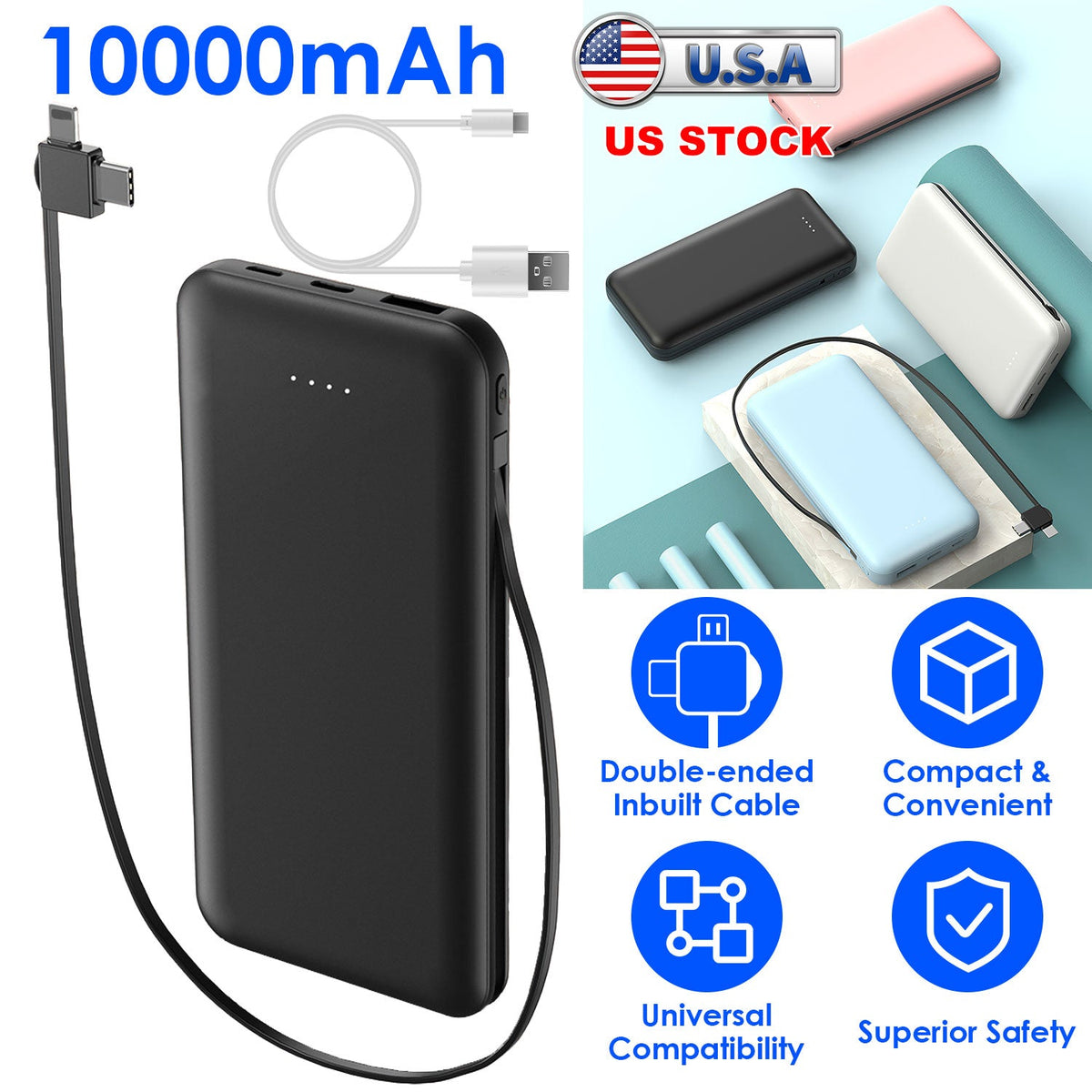 10000mAh Power Bank Portable Phone Charger External Battery Pack with LT & Type-C Double-ended Cable Type-C USB Cable Fit For IOSPhone 14 Android And