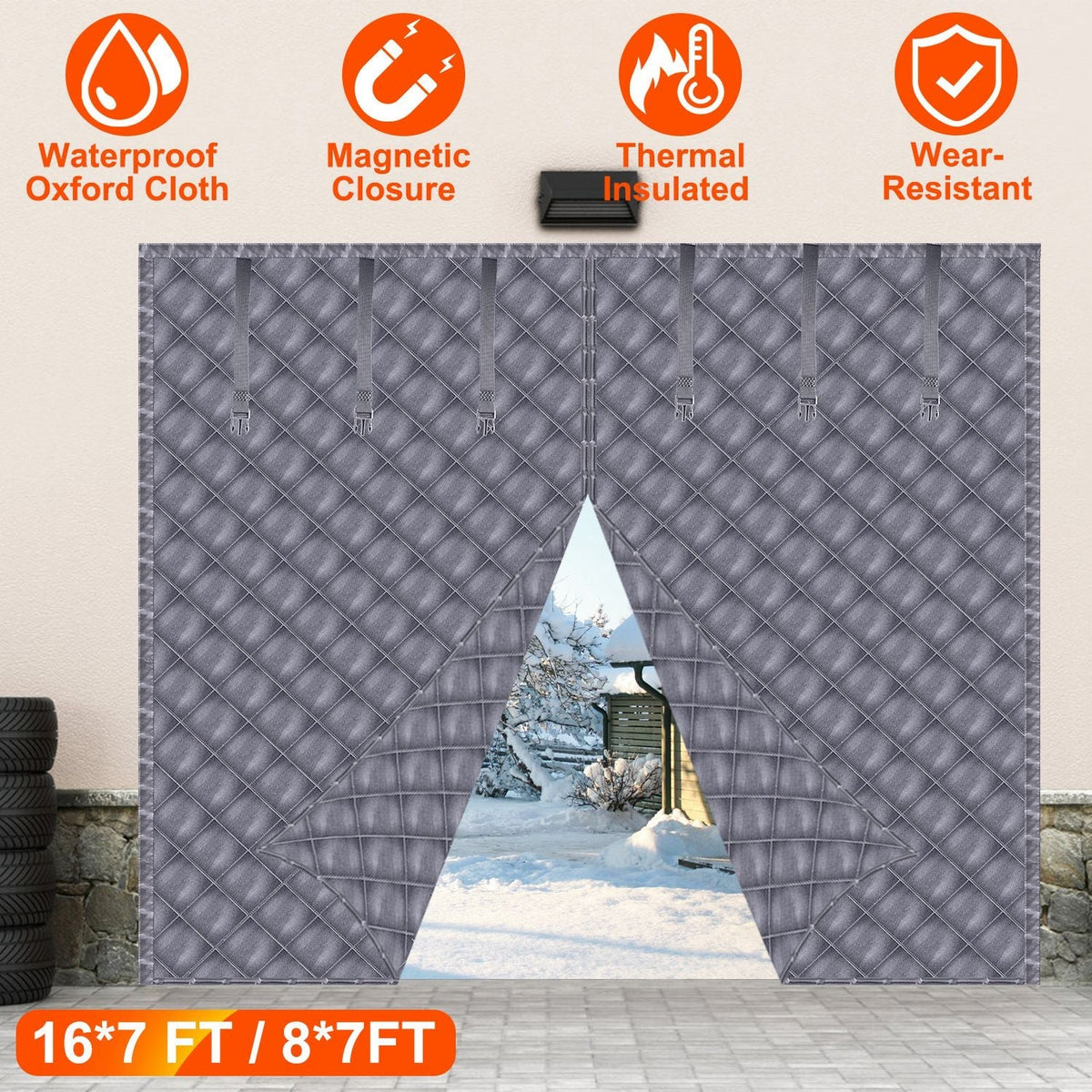 8*7FT Magnetic Thermal Insulated Garage Door Curtain for Winter Singe-Car Garage Screen with Magnetic Closure 6 Roll Up Buckle Straps for One Cars Wea