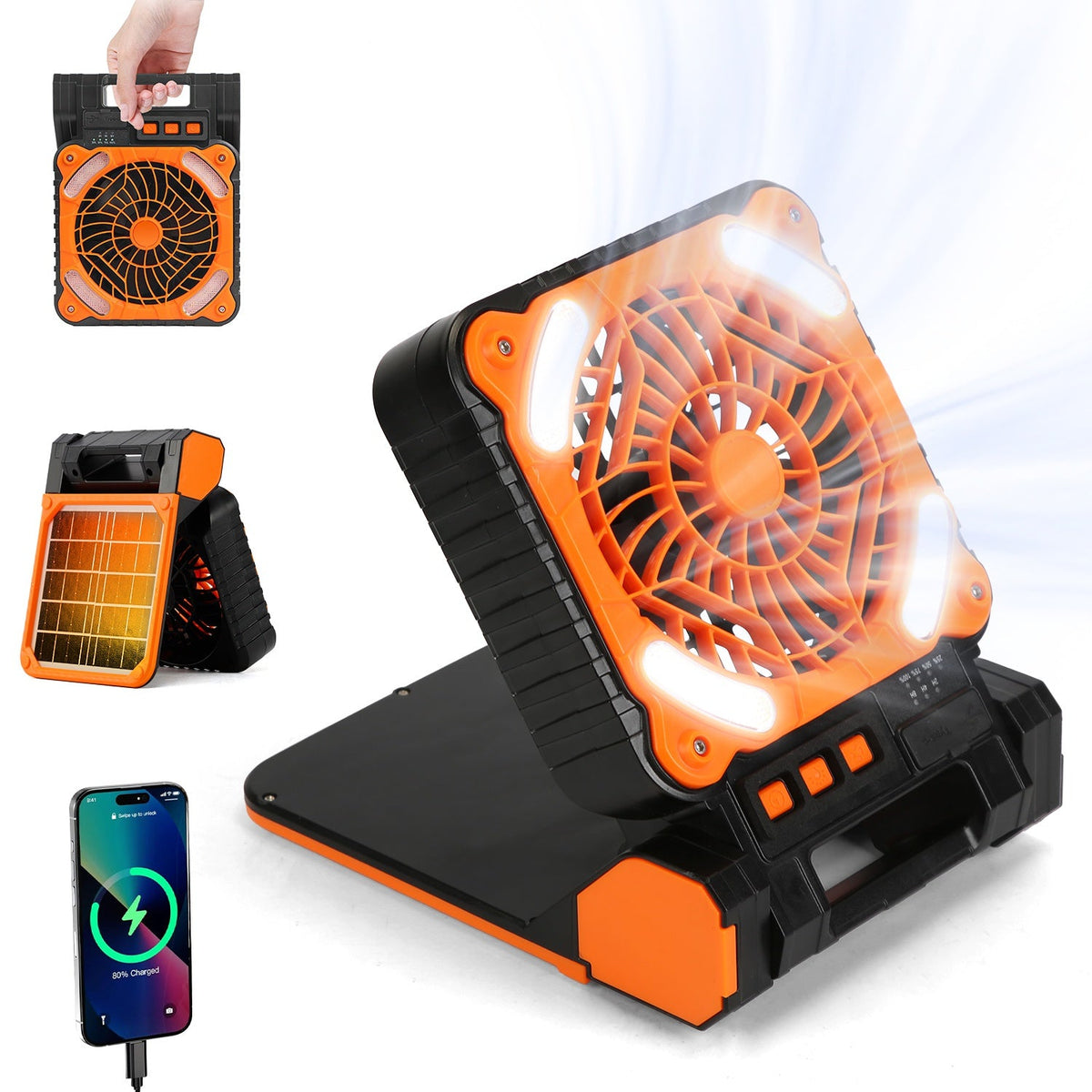 Solar Camping Fan With LED Lantern 5200mAh Rechargeable Battery Operated Portable Fan with Emergency Power Bank 4 Wind Speeds 3 Light Modes 3 Timers f