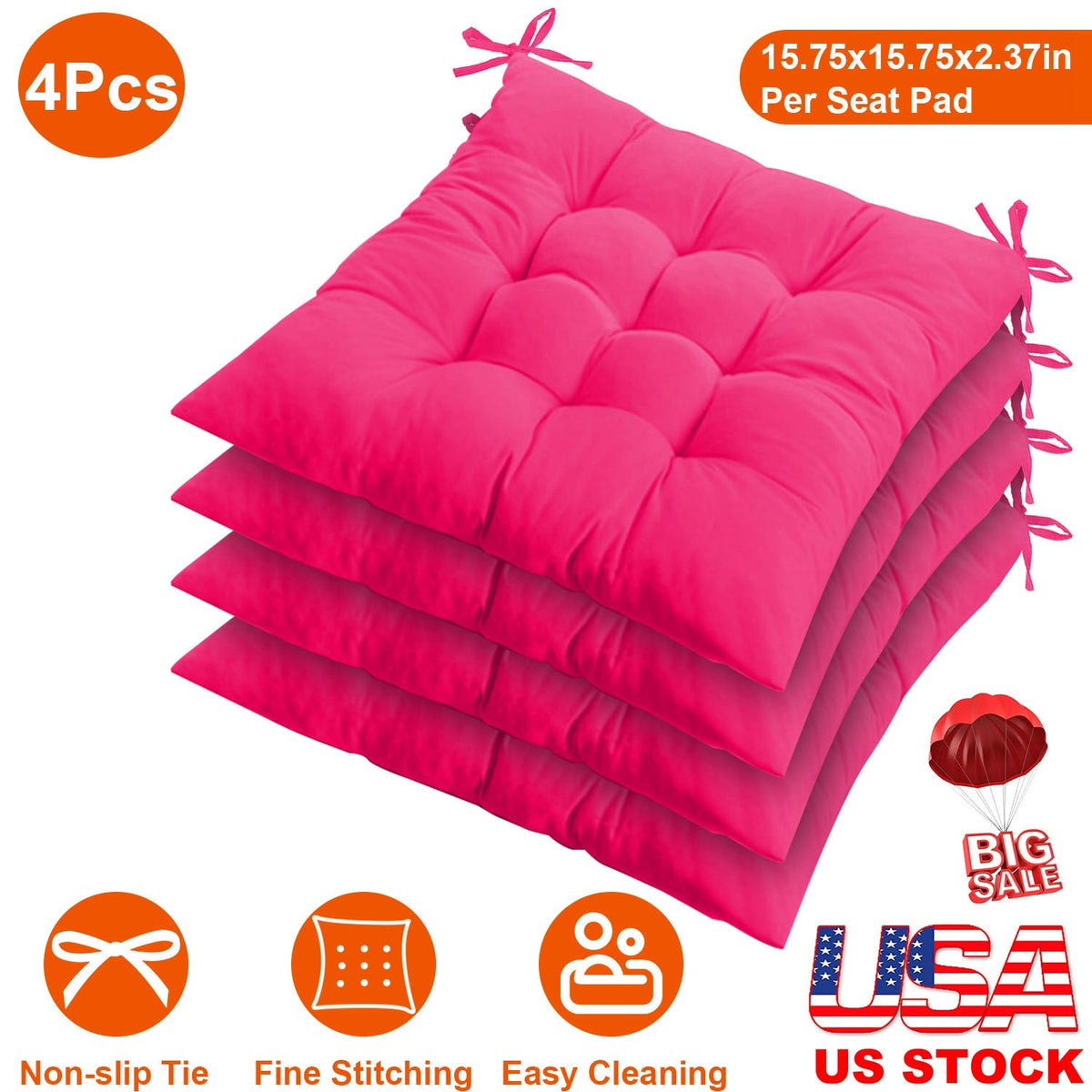 4Pcs Chair Cushion Pads Pillow 15.75x15.75x2.37in Soft Tie On Square Sitting Mats For Home Office Car Sitting Travel