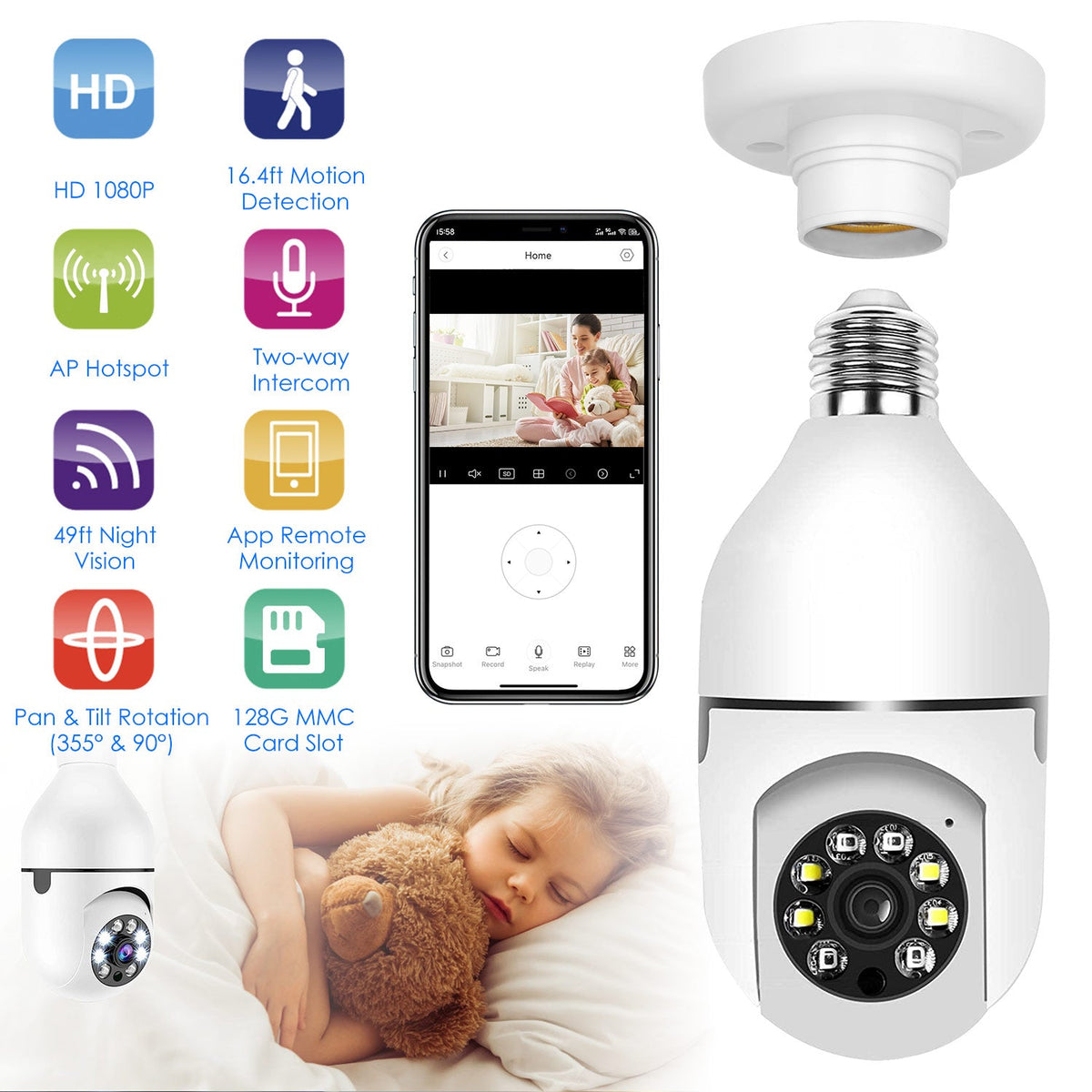 E27 WiFi Bulb Camera 1080P FHD WiFi IP Pan Tilt Security Surveillance Camera with Two-Way Audio Night Vision Motion Detection Function APP Control