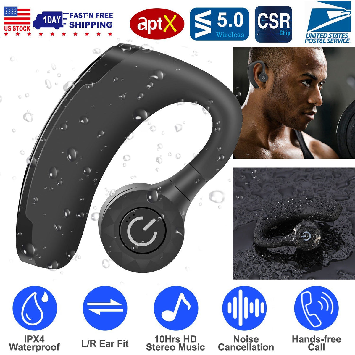 Title: Wireless V5.0 Earbuds In-Ear Earphones 10Hrs Playtime Ear Hook Earphone Waterproof HiFi Earpieces w/ Mic