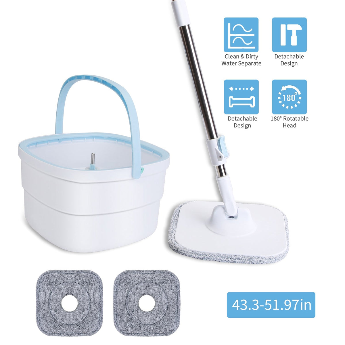 Spin Mop and Bucket with Wringer Set Flat Floor Mop with Clean and Dirty Water Separate System 2 Replaceable Reusable Washable Microfiber Mop Pads