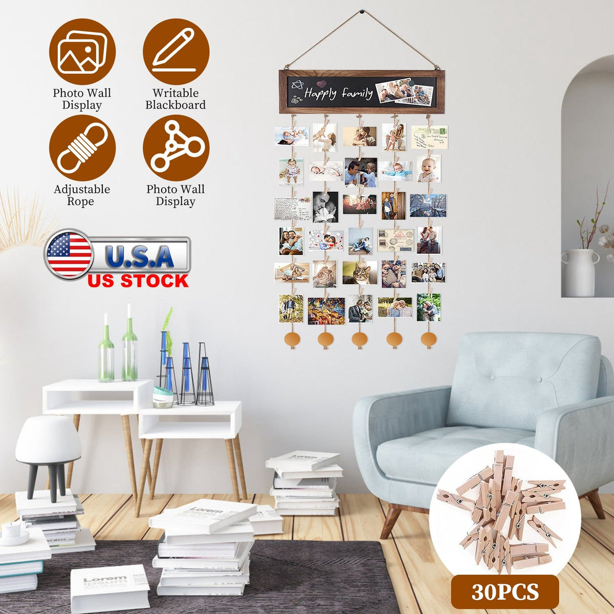 Wooden Hanging Picture Frame Photo Display String Ropes with 30 Clips Writable Blackboard Wall Decoration Postcard Artwork Picture Organizer