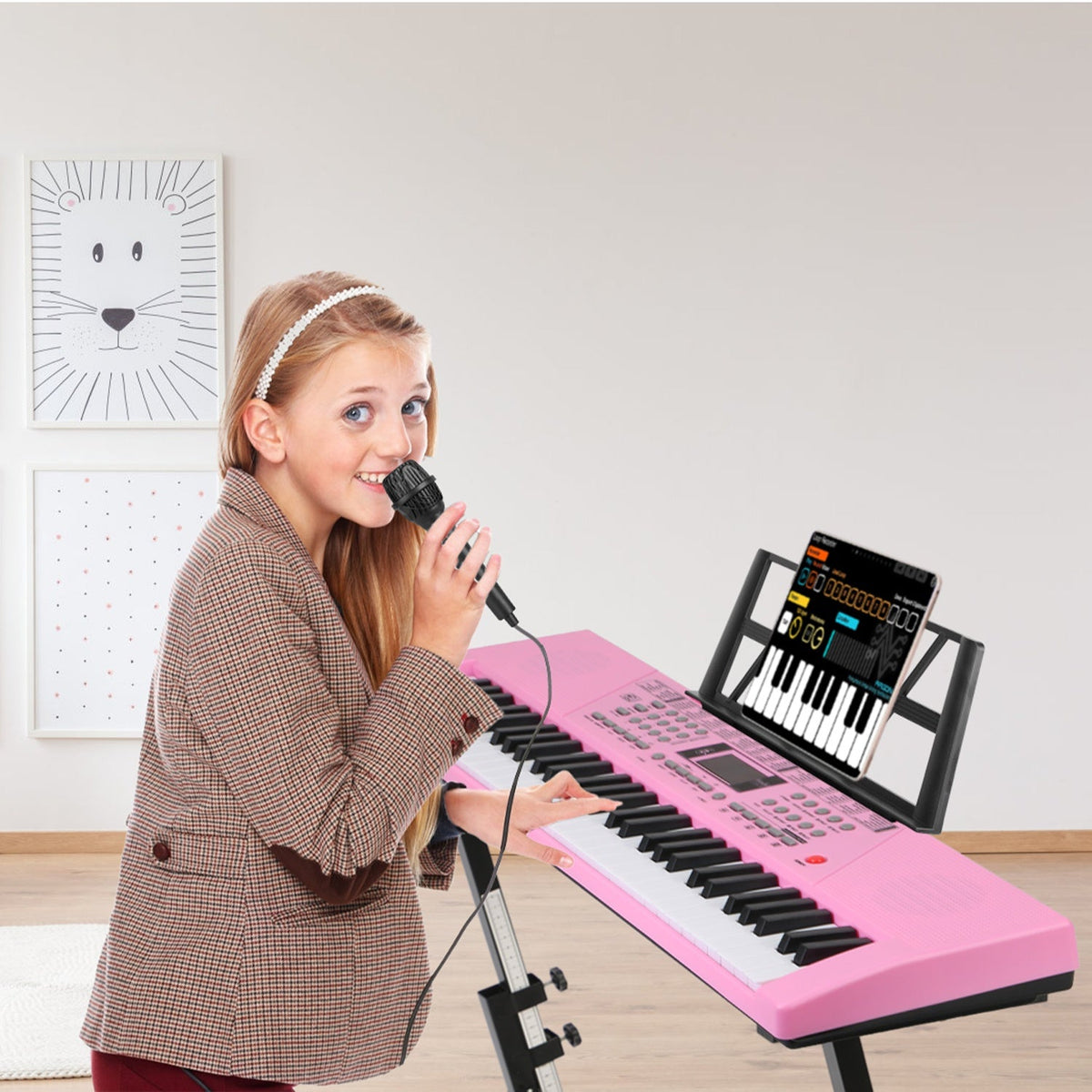 61 Keys Digital Music Keyboard Electric Piano Electronic Musical Instrument Kids Learning Keyboard with Microphone Stand for 3-12 Year Old Kids Girls