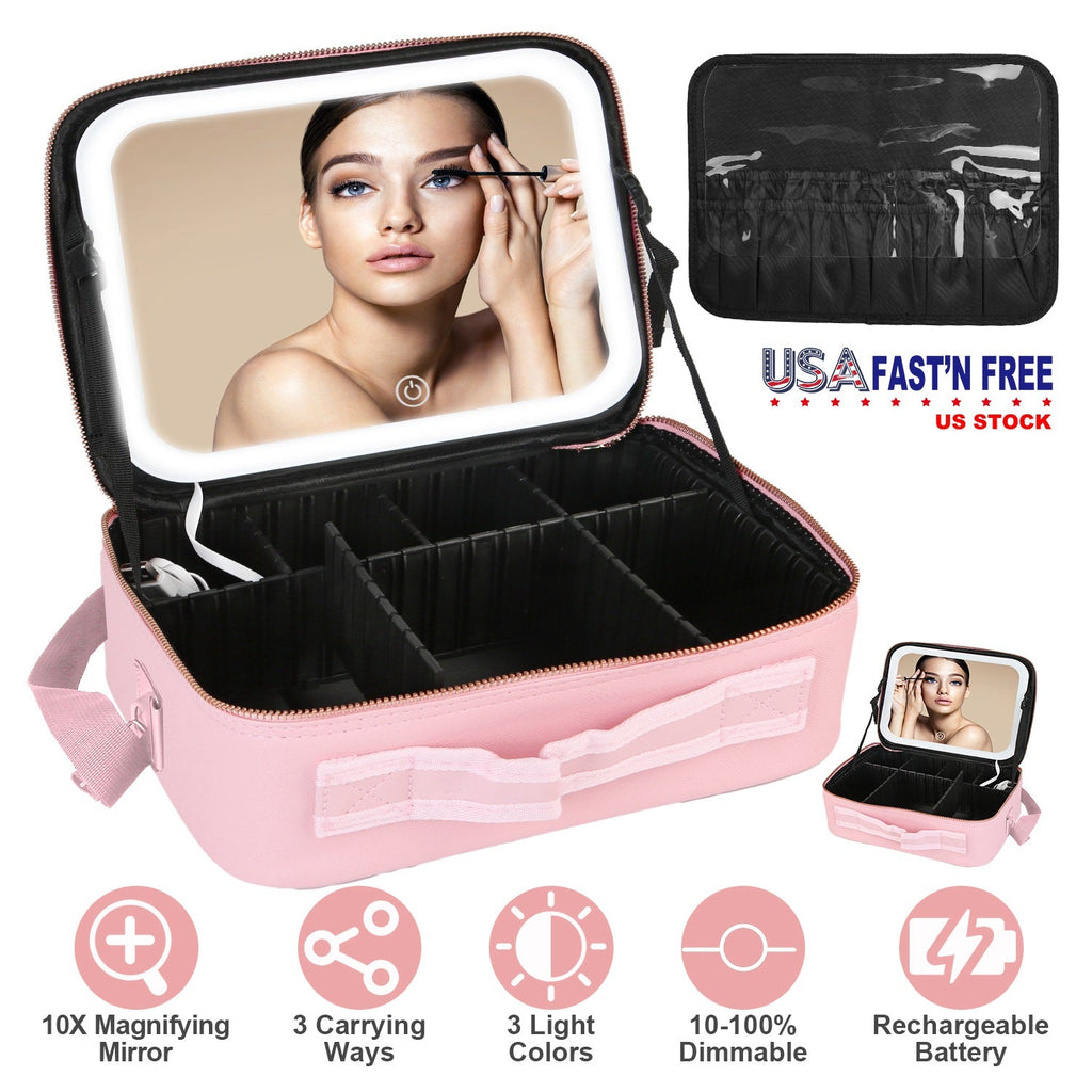 Travel Makeup Bag with LED Mirror Makeup Case Organizer with 3 Light Colors Adjustable Dividers Brush Holder Magnifying Mirror Shoulder Strap Luggage